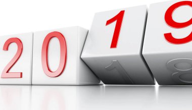 3D render illüstrasyon. Beyaz küpleri ile 2019. Yeni yıl kavramı.