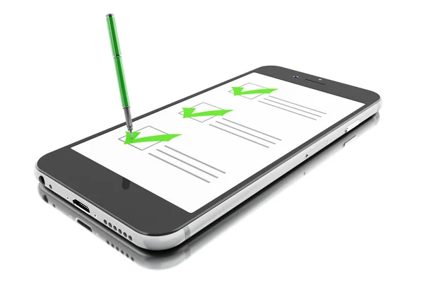 Ilustração Smartphone Com Marcador Checklist Questionário Online Fundo Branco Isolado — Fotografia de Stock