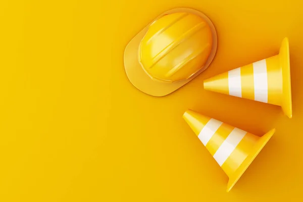 Illusztráció Biztonsági Sisak Forgalom Kúp Narancssárga Háttérrel Építési Koncepció — Stock Fotó