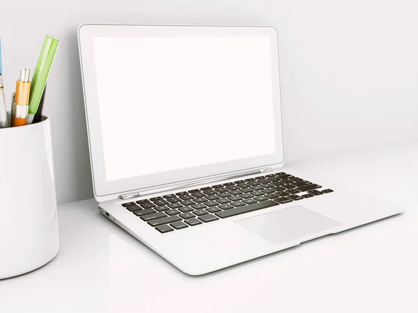 3d illustration. Laptop with white screen on a desktop workspace. Concept of work. Mock up.