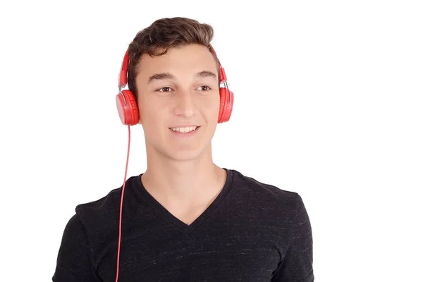 Portrair Του Χαμογελώντας Έφηβος Ακούτε Μουσική Ακουστικά Απομονωμένη Λευκό Φόντο — Φωτογραφία Αρχείου