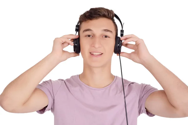 Portrair Smiling Teen Listening Music Headphones Isolated White Background — Stock Photo, Image
