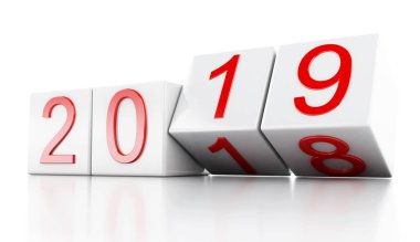 3D render illüstrasyon. Beyaz küpleri ile 2019. Yeni yıl kavramı. Beyaz arka plan üzerinde izole.