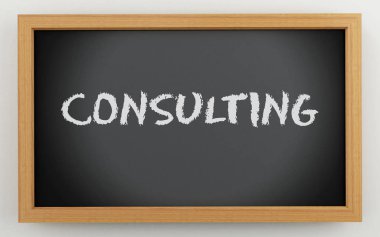 3D çizim. Siyah kara tahta. Danışmanlık, iş kavramı.