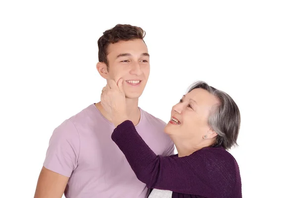 Nagymama Tini Unokájával Megcsókolta Arcát Járműcsalád Koncepció Elszigetelt Fehér Háttér — Stock Fotó