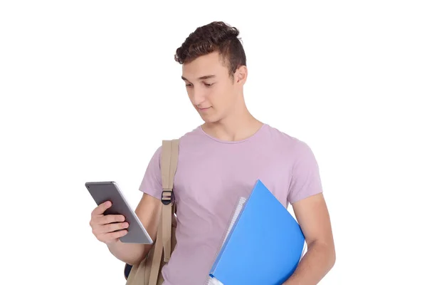 Jovem Estudante Latino Usando Tablet Digital Com Mochila Livros Conceito — Fotografia de Stock
