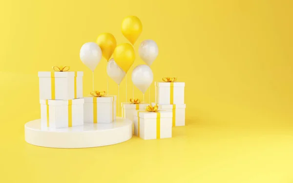 Illustration Balloons Gift Boxes Yellow Background Minimal Birthday Party Concept — Stock Photo, Image