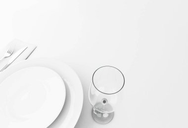 3D çizim. Çatal, şarap kadehi ve beyaz arka plan üzerinde izole plaka ile bıçak.