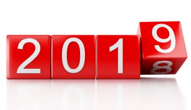 3D render illüstrasyon. Kırmızı küpleri ile 2019. Yeni yıl kavramı. Beyaz arka plan üzerinde izole.