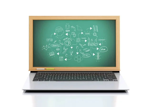 在黑板上 Chemestry 素描的笔记本电脑图像 教育理念 白色背景插图 — 图库照片