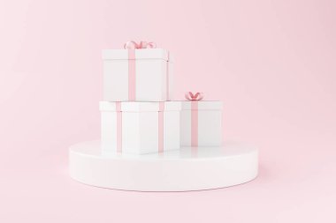 3D çizim. Pembe bir arka plan üzerinde hediye kutuları. Sevgililer günü kavramı.