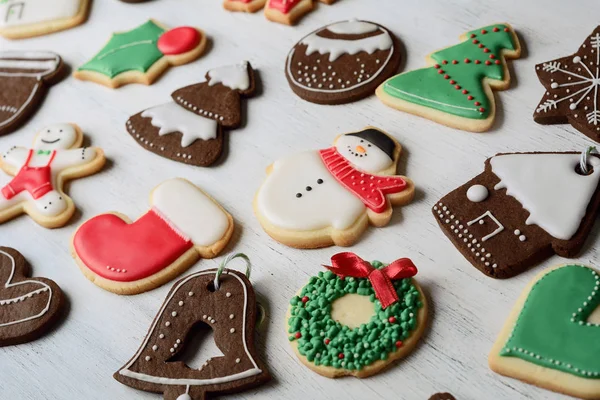 Různé Vánoční Domácí Cukroví Bílý Dřevěný Stůl Mas Koncepce — Stock fotografie