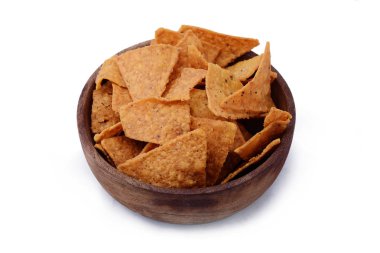 Nacho kase görünümünü. Sağlıksız yiyecek konsepti. İzole beyaz arka plan