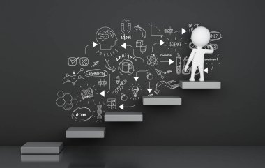 3D çizim. Oku merdiven üzerinde duran ve bilim kroki çizim beyazlar. Eğitim kavramı  