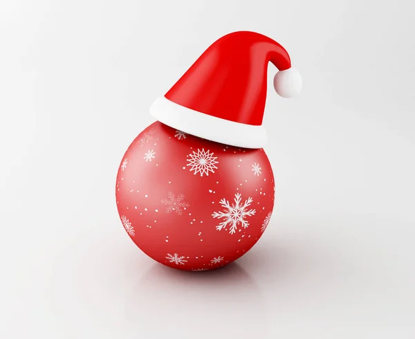 红色圣诞球与圣诞老人帽子 传统饰品愉快的冬季假期和圣诞快乐概念 — 图库照片