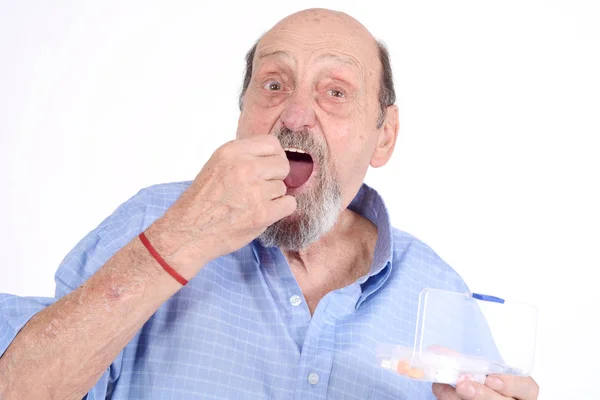 Close View Senior Man Taking Pill Medicine Concept Isolated White — Stock Photo, Image