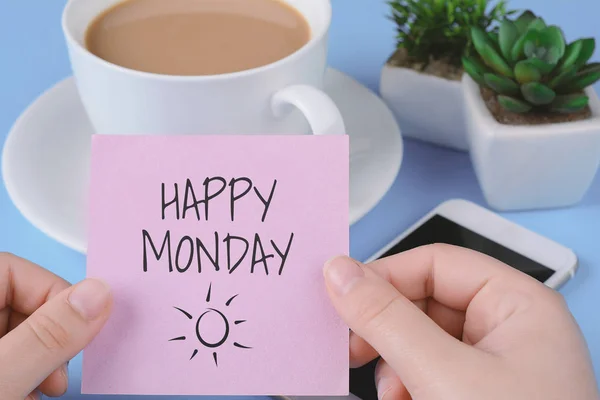 Tarjeta Papel Con Texto Lunes Feliz Taza Café Teléfono Sobre — Foto de Stock