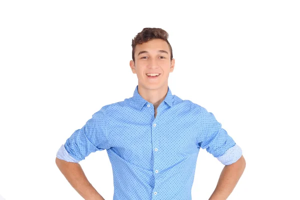 Porträt Eines Jungen Lateinischen Mannes Der Lächelt Isolierter Weißer Hintergrund — Stockfoto