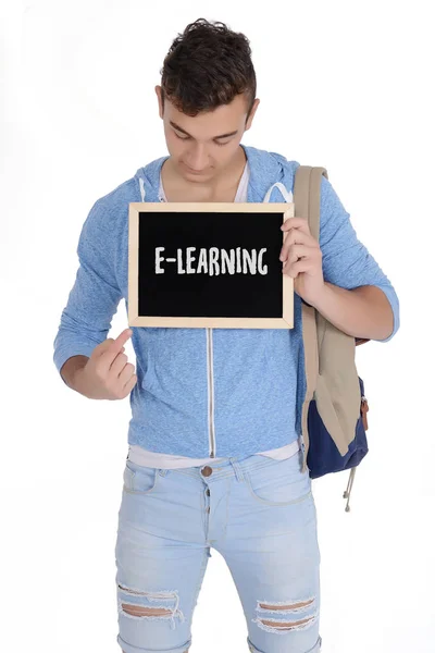 Close Young Handsome Man Holding Chalkboard Text Learning Learning Concept — Stock Photo, Image