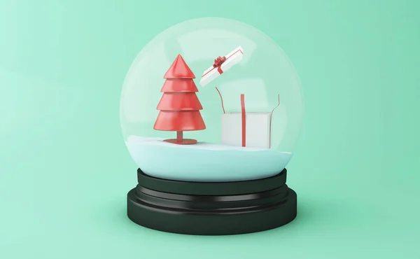 3d illustration. Snow globe with Christmas Tree and gift box. xmas holiday concept.