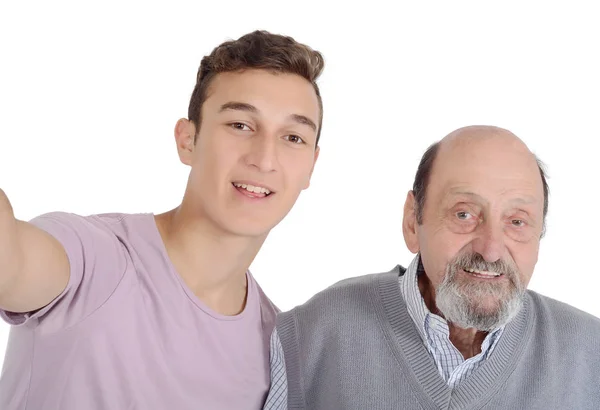 Abuelo Nieto Adolescente Toman Una Selfie Aislado Sobre Fondo Blanco — Foto de Stock