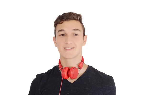 Retrato Adolescente Sonriente Escuchando Música Con Auriculares Fondo Blanco Aislado —  Fotos de Stock