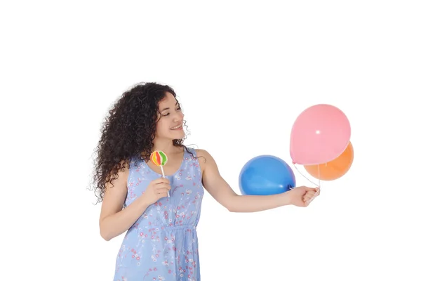 Portret Van Mooie Latijnse Vrouw Plezier Met Zoete Lollipop Baloons — Stockfoto