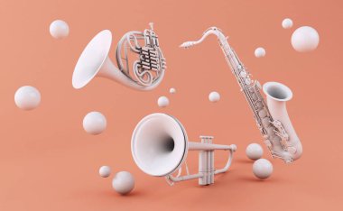 3D çizim. Pembe bir arka plan üzerinde beyaz müzik aletleri. Müzik konsepti.