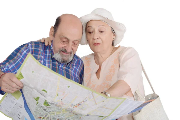 Portrait Senior Couple Map Looking Sights Travel Concept Isolated White — Stock Photo, Image
