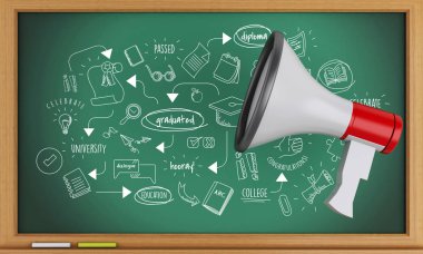 3D Oluşturucu görüntü. Mezuniyet kroki ve megafon ile yazı tahtası. Eğitim kavramı