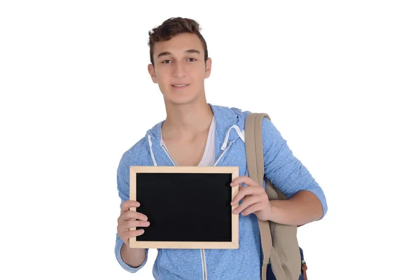 Portrait Handsome Young Man Holding Empty Chalkboard Isolated White Background — Stock Photo, Image