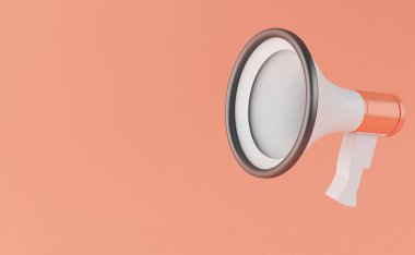 3D render illüstrasyon. Turuncu zemin üzerine megafon.