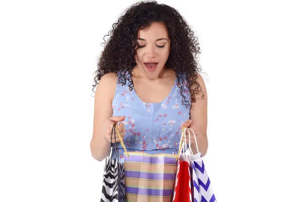 Joven Mujer Hermosa Sosteniendo Bolsas Compras Fondo Blanco Aislado —  Fotos de Stock