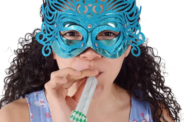 Porträt Der Schönen Partyfrau Mit Venezianischer Karnevalsmaske Isolierter Weißer Hintergrund — Stockfoto