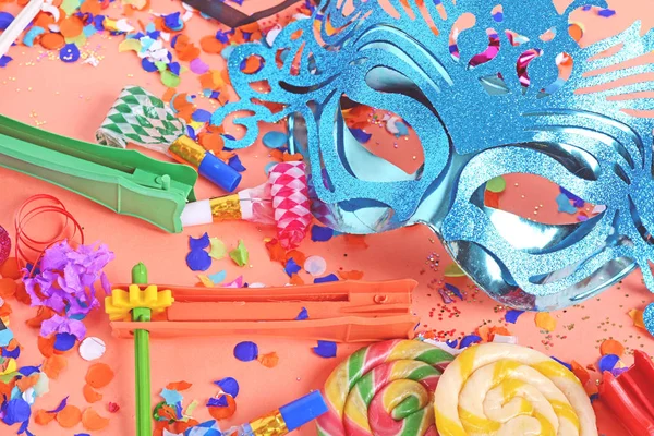 Pohled Shora Purim Pozadí Karnevalové Masky Párty Kostým Koncept Oslavy — Stock fotografie