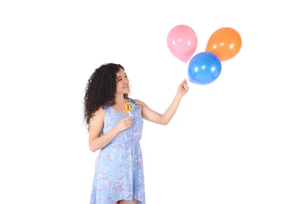 Retrato Hermosa Mujer Latina Divirtiéndose Con Piruleta Dulce Globos Fondo —  Fotos de Stock