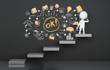 3D çizim. Oku merdiven üzerinde duran ve Ok kroki çizim beyazlar. Yaratıcı kavramı 