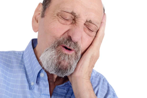 Bejaarde Man Die Zijn Hoofd Ongerust Iets Geïsoleerde Witte Achtergrond — Stockfoto