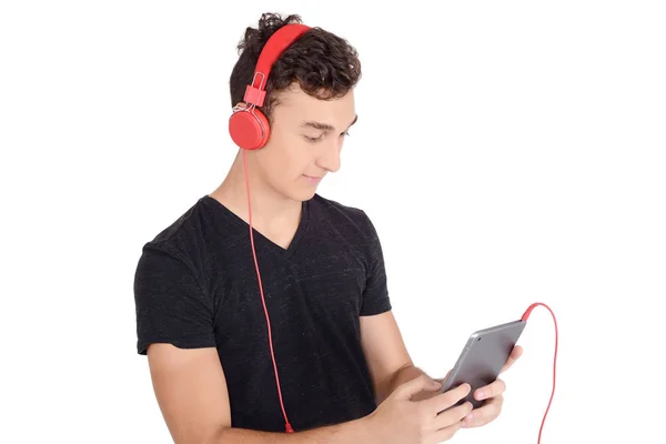 Portrair Adolescents Souriants Écoutant Musique Avec Des Écouteurs Fond Blanc — Photo