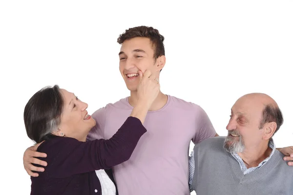 Retrato Neto Sorridente Com Seus Avós Fundo Branco Isolado — Fotografia de Stock