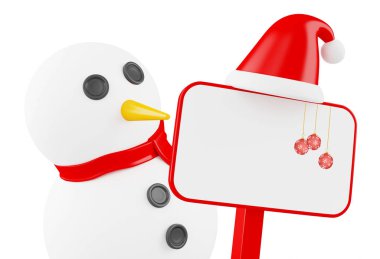 3D çizim. Tabela ile kardan adam. Neşeli Noel kavramı.