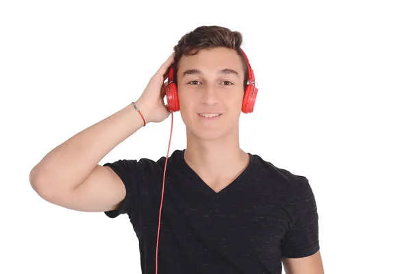 Πορτραίτο Του Χαμογελώντας Έφηβος Ακούτε Μουσική Ακουστικά Απομονωμένη Λευκό Φόντο — Φωτογραφία Αρχείου