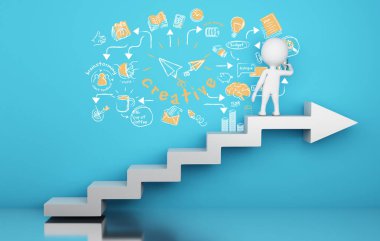 3D çizim. Oku merdiven üzerinde duran ve yaratıcı kroki çizim beyazlar. İnovasyon kavramı 