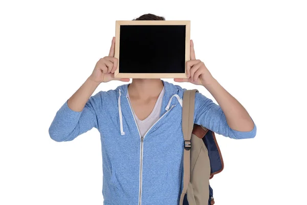 Portrait Handsome Young Man Holding Empty Chalkboard Isolated White Background — Stock Photo, Image