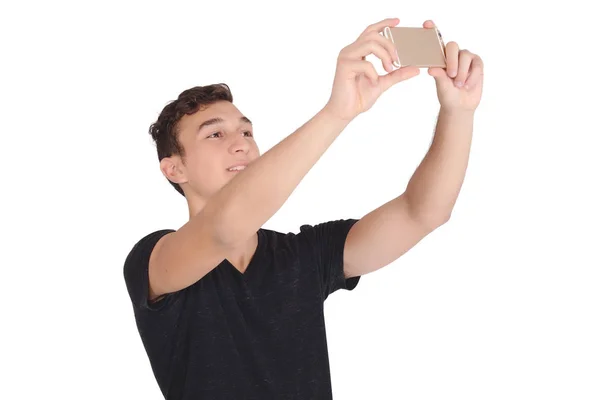 Portrait Young Handsome Man Taking Selfie Isolated White Background — Stock Photo, Image