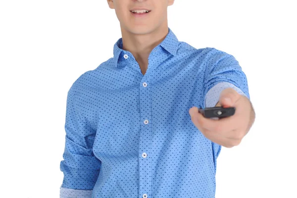 Jeune Homme Qui Regarde Télé Concentre Toi Sur Télécommande Fond — Photo