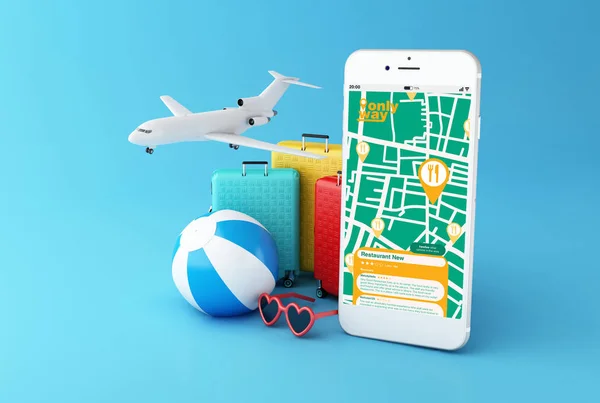 Ilustración Avión Gafas Sol Maleta Viaje Pelota Playa Con Smartphone —  Fotos de Stock