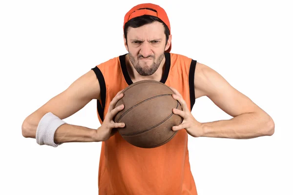Potret Pemuda Dengan Ekspresi Lucu Dan Bola Basket Konsep Olahraga — Stok Foto
