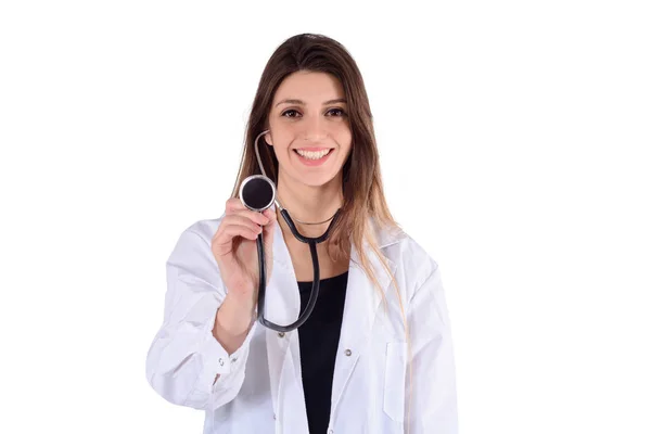 Potret Dokter Wanita Muda Dengan Stetoskop Studio Konsep Kesehatan Dan — Stok Foto