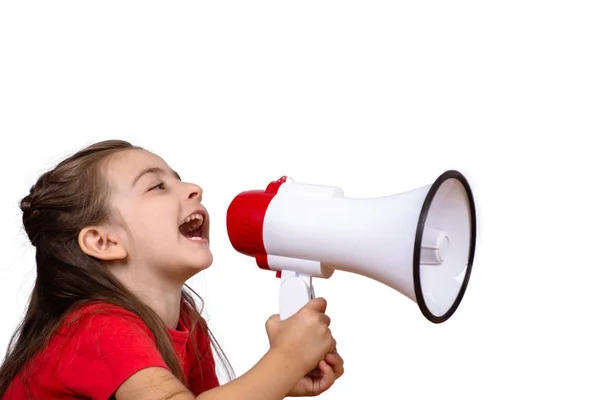 Menina Gritando Alto Segurando Megafone Conceito Comunicação Venda — Fotografia de Stock